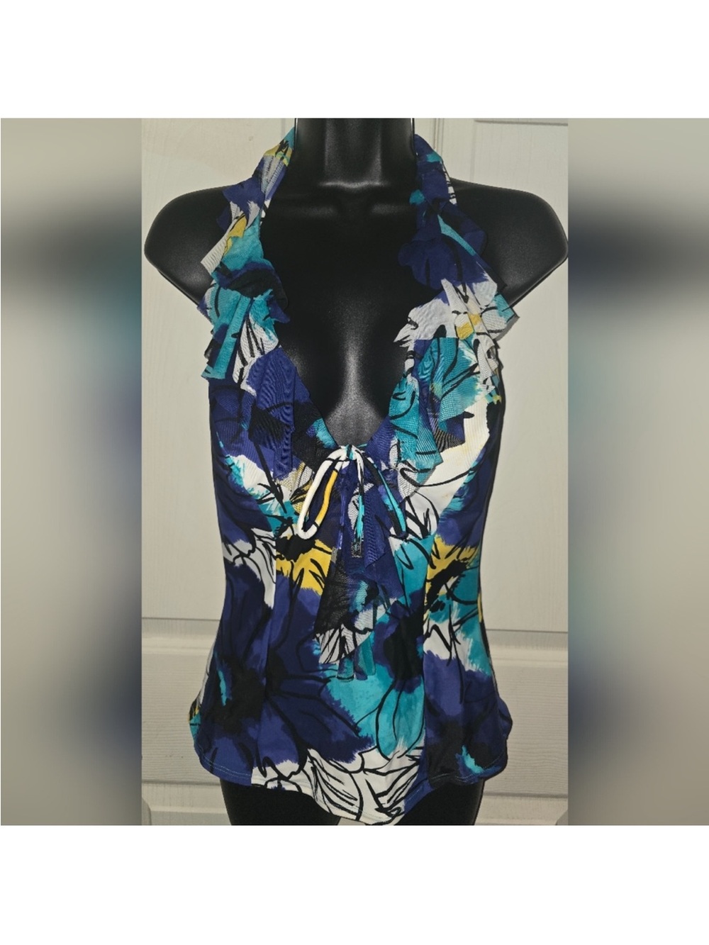 Ruffled Halter Floral Camisole - Blue Teal Floral size 14 swimsuit top